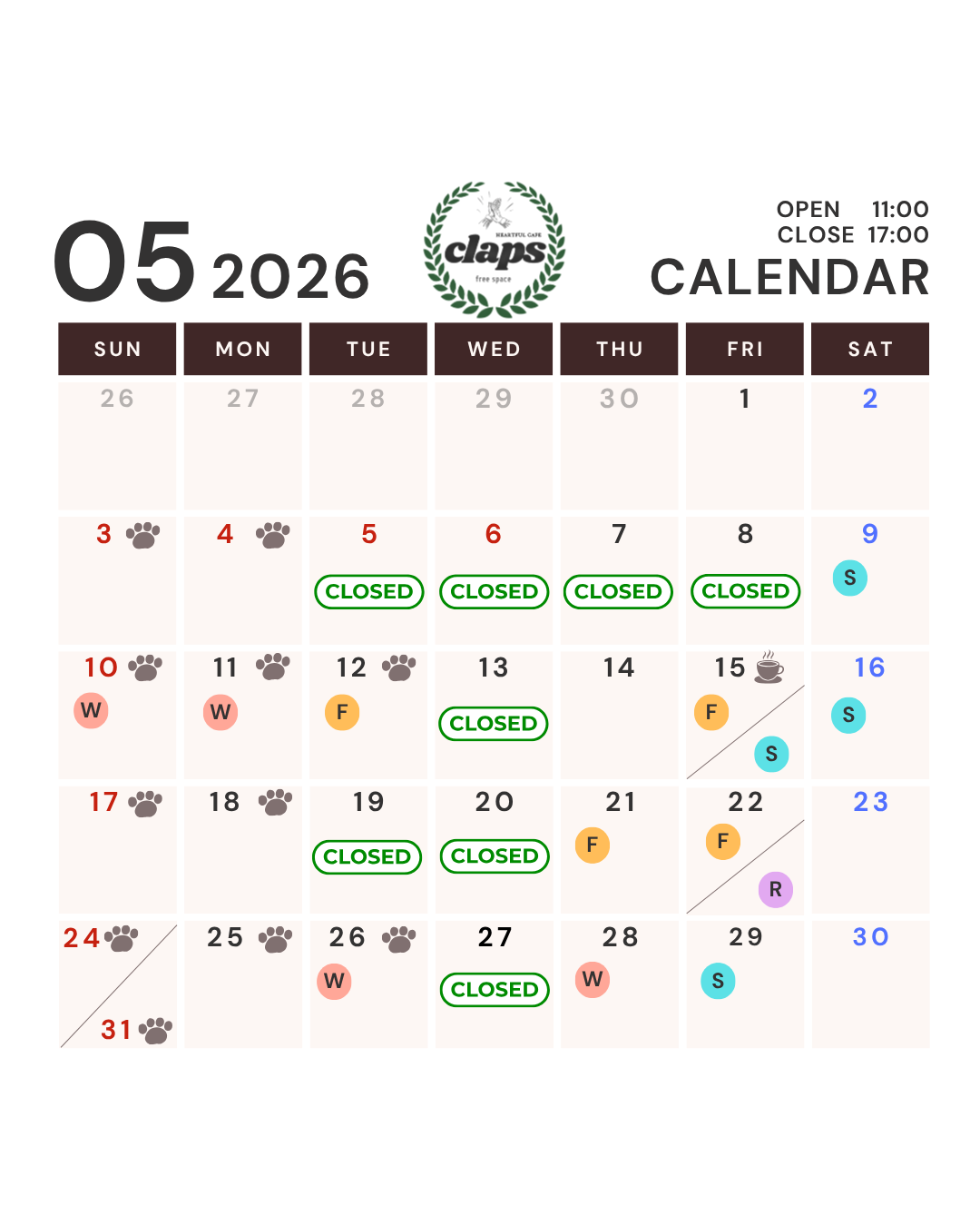 Cafeclapsの2026年5月の営業日カレンダーです。