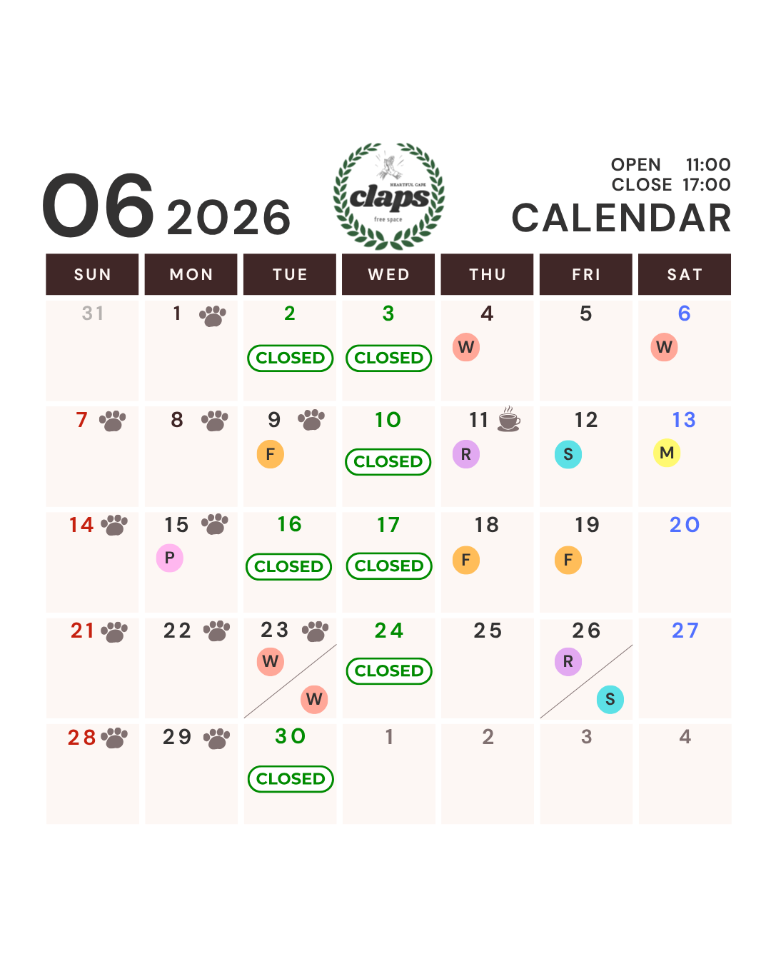 Cafeclapsの2026年6月の営業日カレンダーです。毎週水曜日と第1、3、5火曜日はお休みとなります。営業時間は11：00～17：00です。